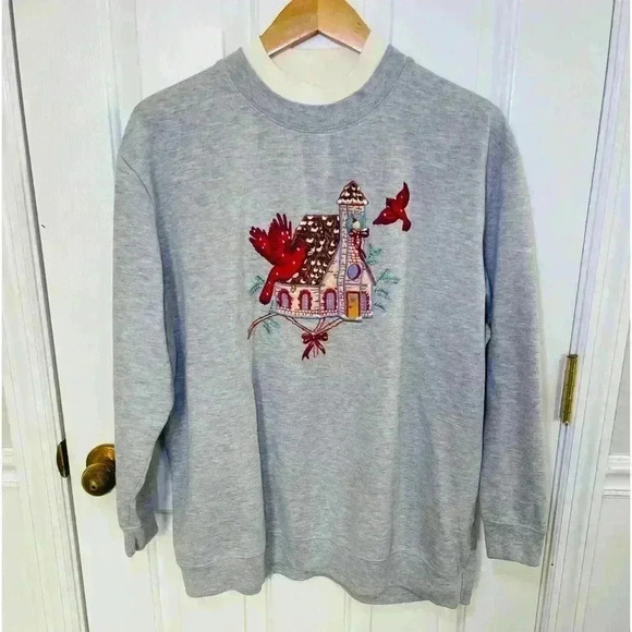 Vintage Bobbie Brooks Red Cardinal Gingerbread House Gray Sweatshirt Women’s M - Picture 1 of 6